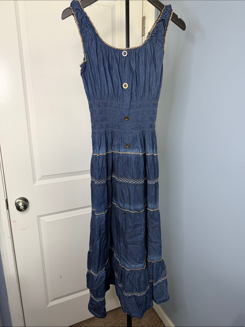 Sleeveless Blue Smocked Tiered Maxi Dress